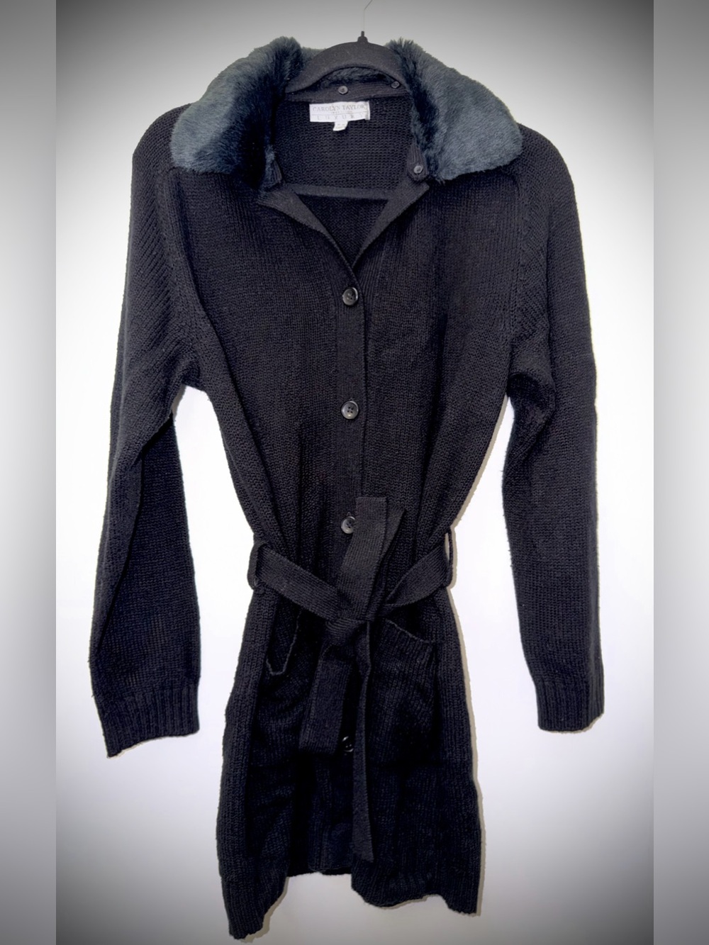 Black Knit Cardigan with Removable Faux Fur Collar (Size Medium)